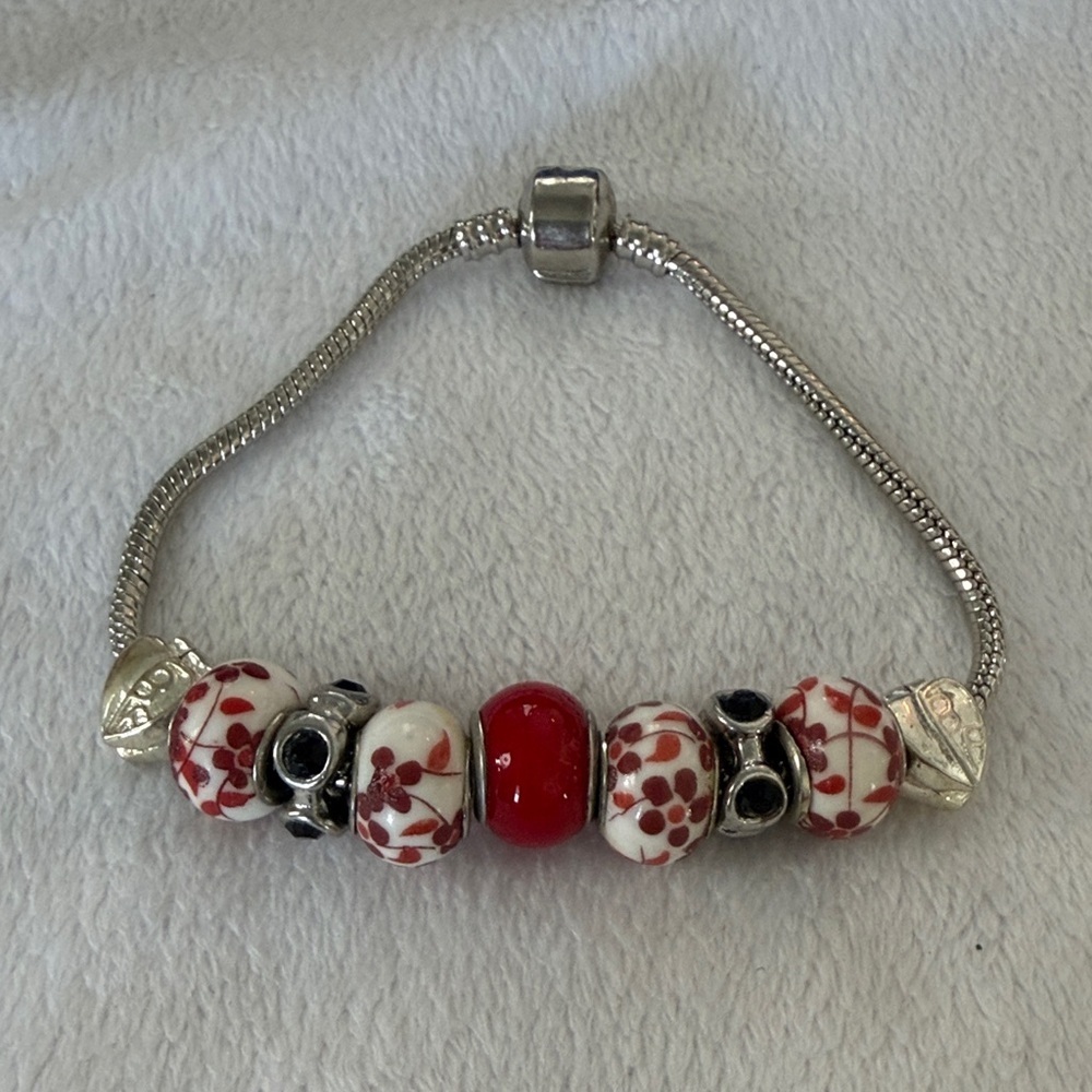 Chic Silver and Red Beaded Bracelet